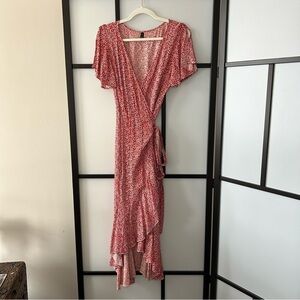 [M] Zaful Red & White Floral Pattern Maxi Wrap Dress